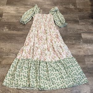 MELLODAY Eyelet Embroidered Smocked Bodice Tiered Large Floral Maxi Dress